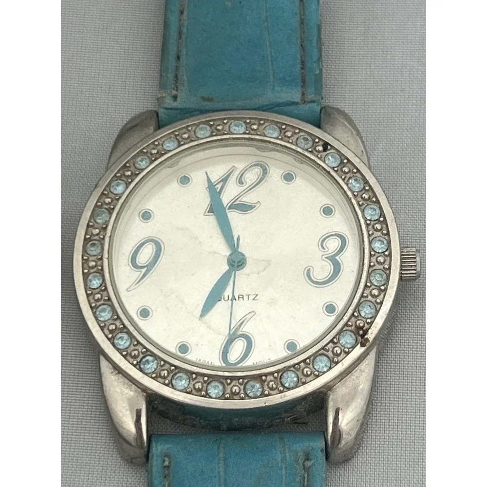Pair of Women's Fashion Wristwatches‎ Green & Blue Bands Rhinestone Bezel